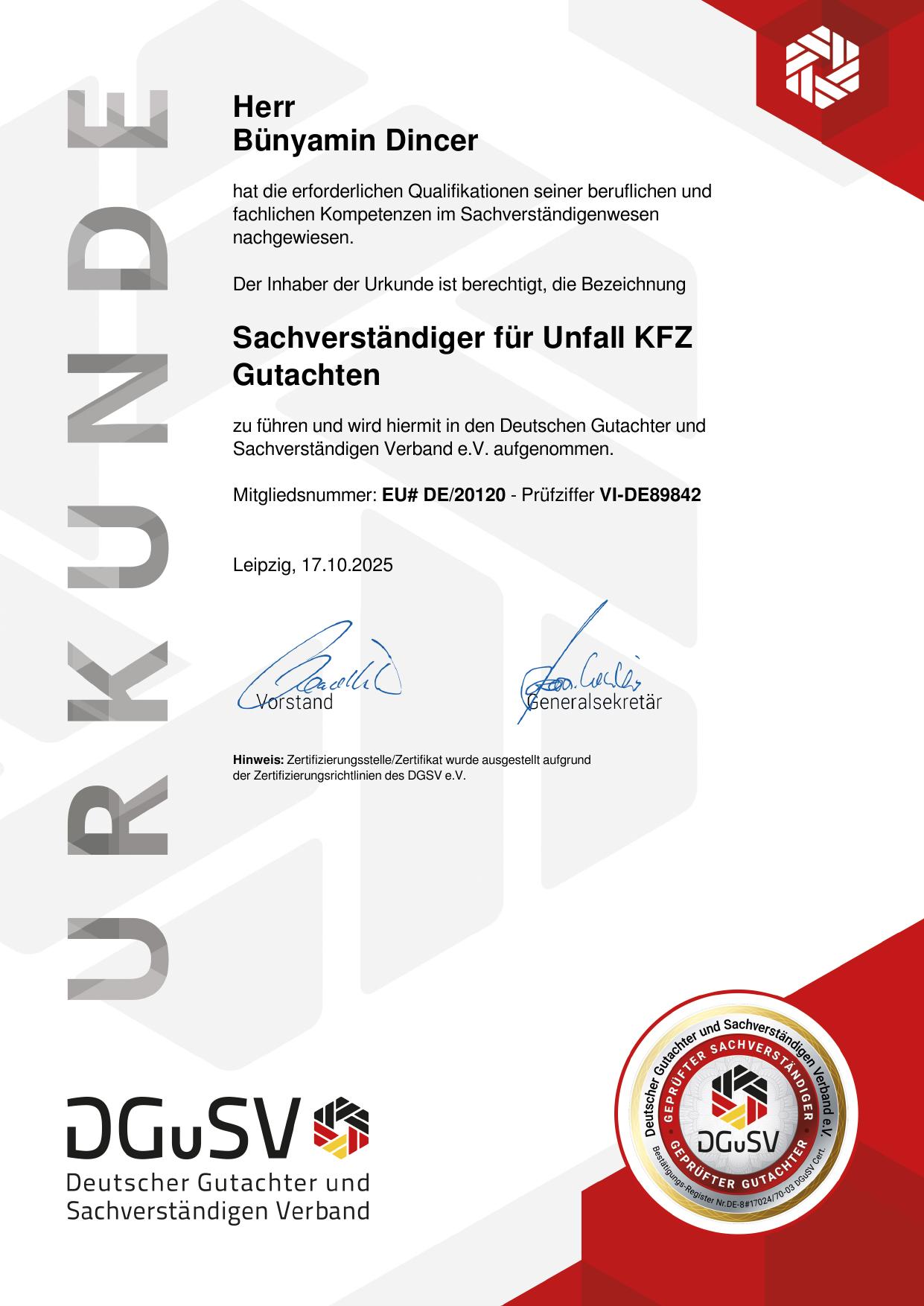 Urkunde Sachverständiger - Aufnahme in den Verband